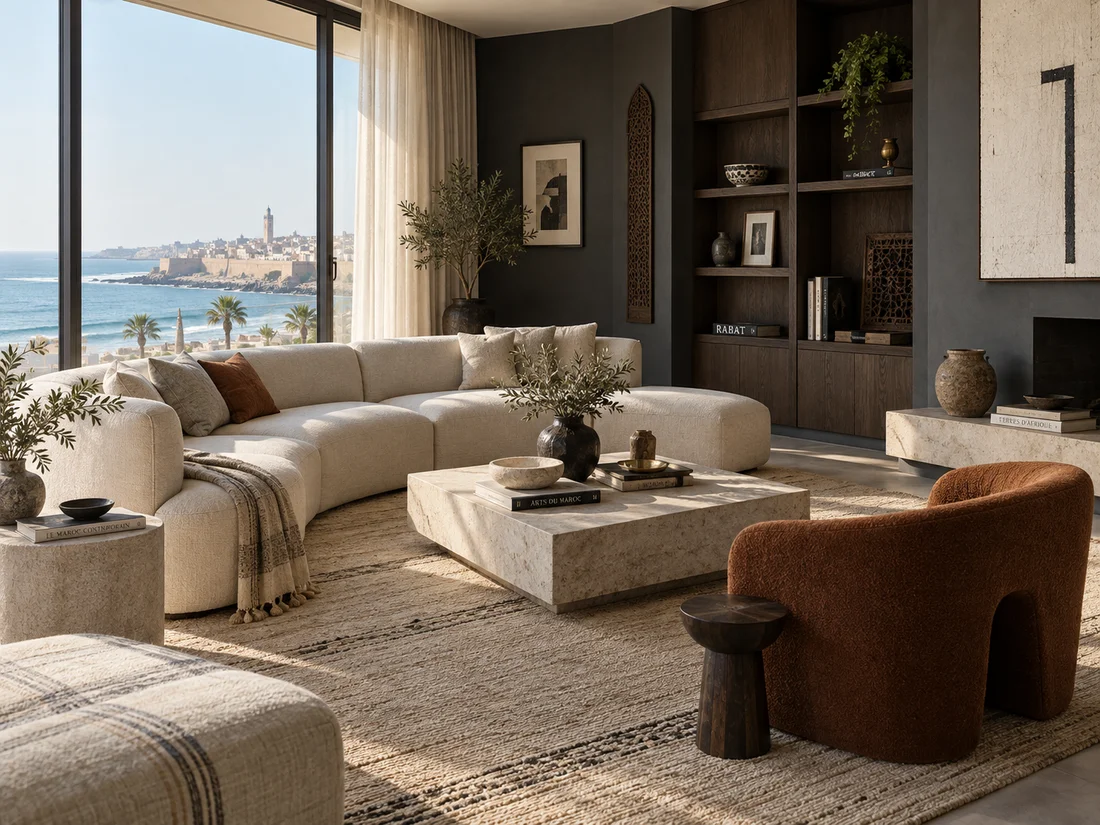 Salon lumineux avec mobilier en lin et vue vers la mer