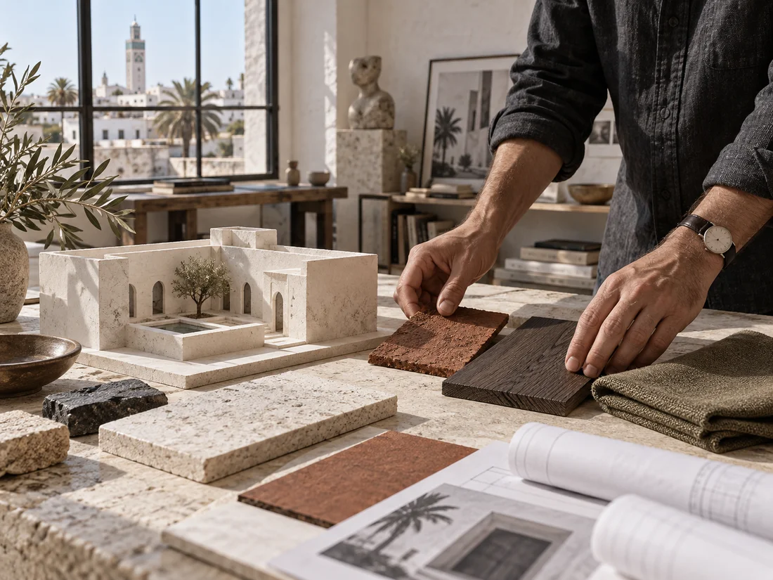 Un architecte compose une palette de matières autour d’une maquette