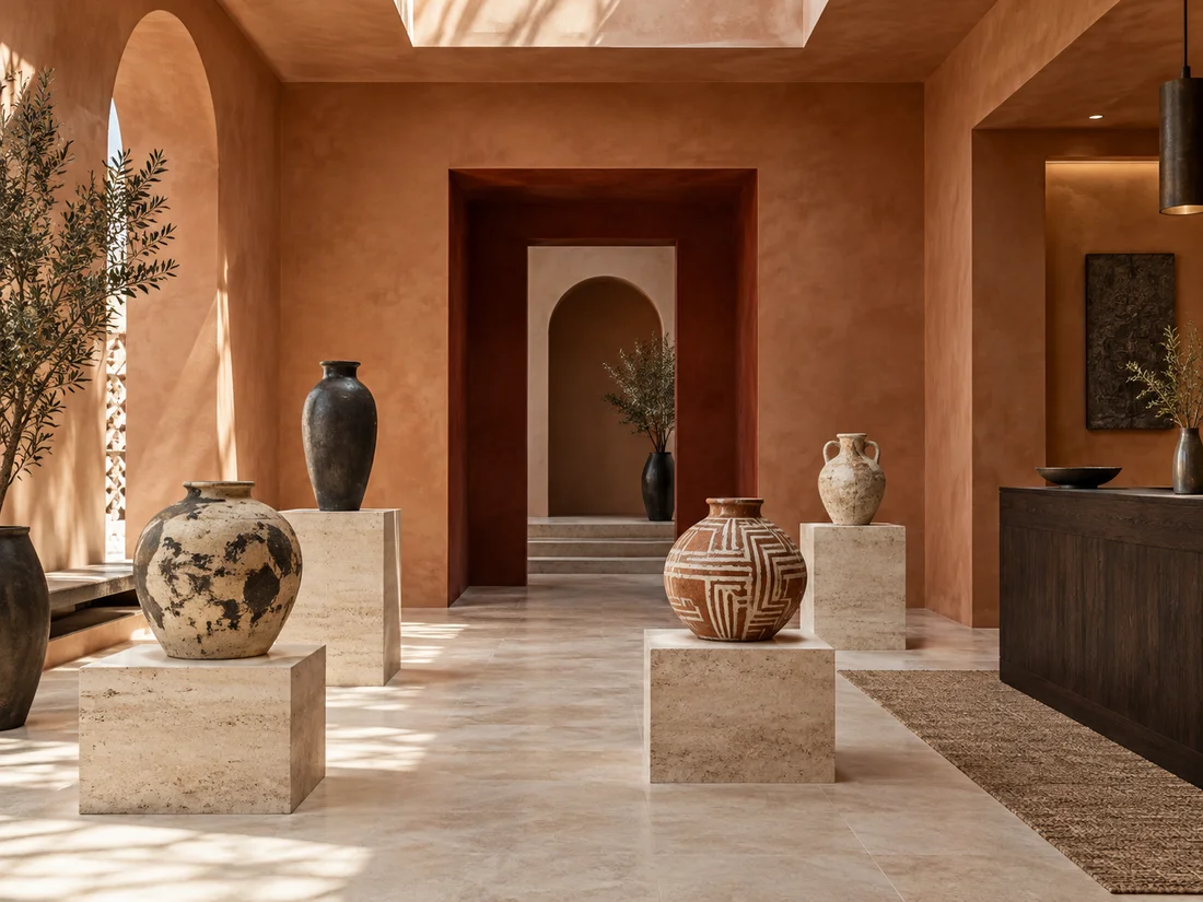 Galerie de céramiques aux murs de terre et socles en pierre
