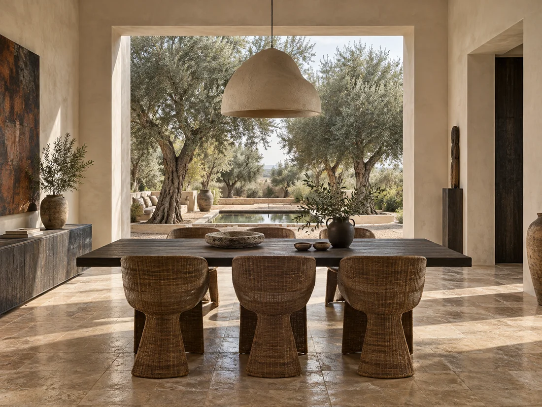 Salle à manger en bois ouverte sur un jardin d’oliviers