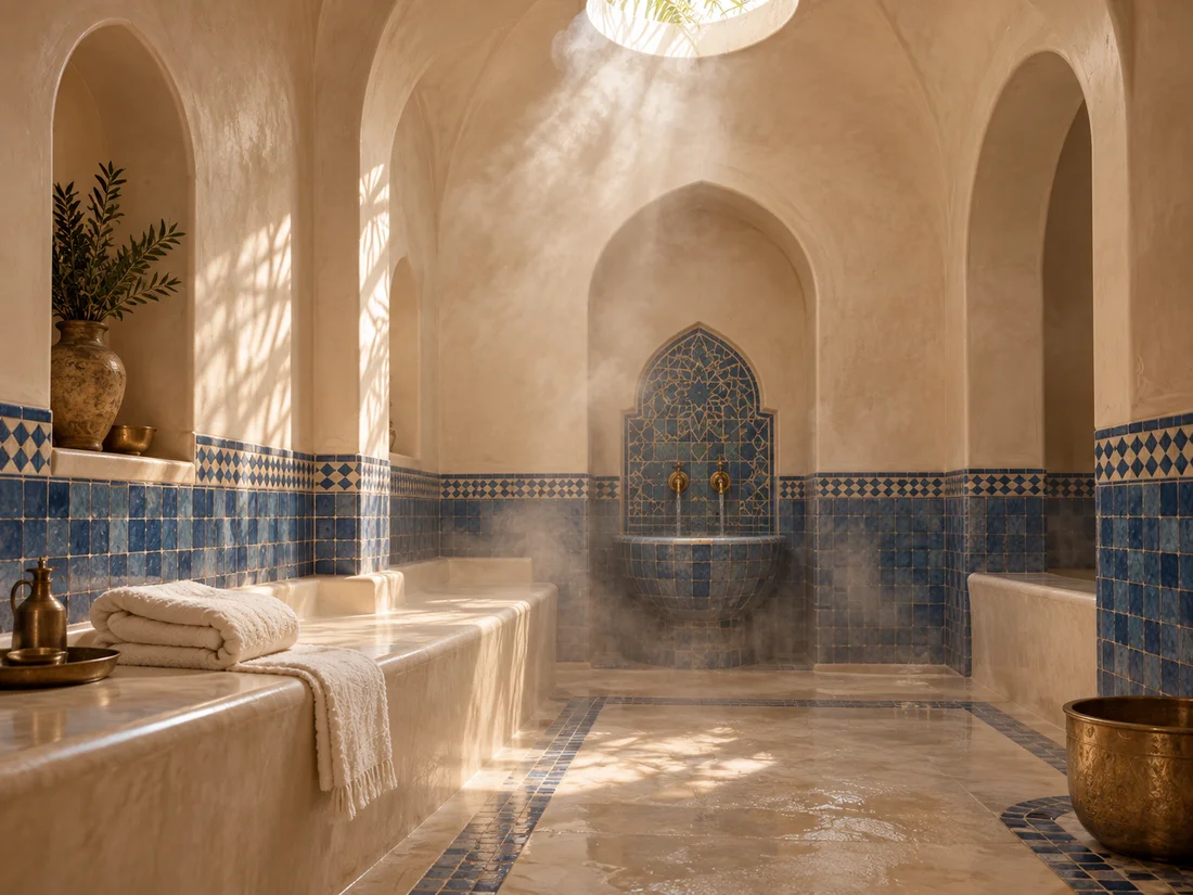 Un hammam intime en pierre claire et zellij bleu