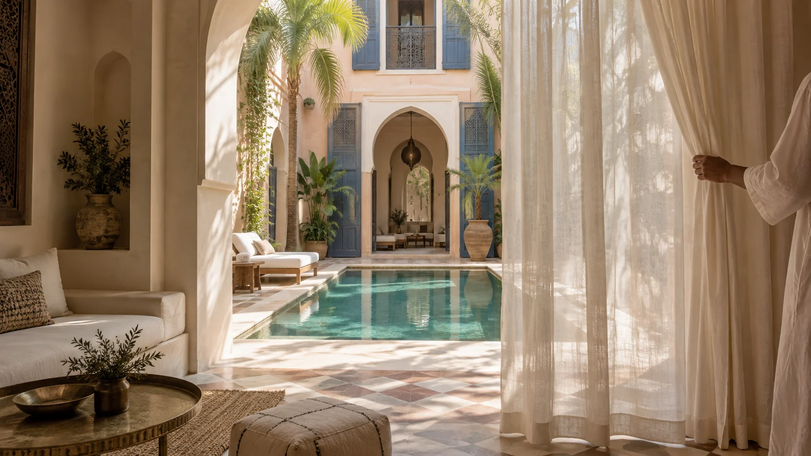 Un hôte ouvre un rideau sur le patio et sa piscine turquoise