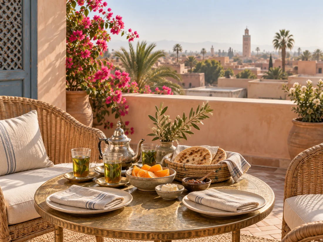 Un petit déjeuner marocain sur une terrasse ensoleillée