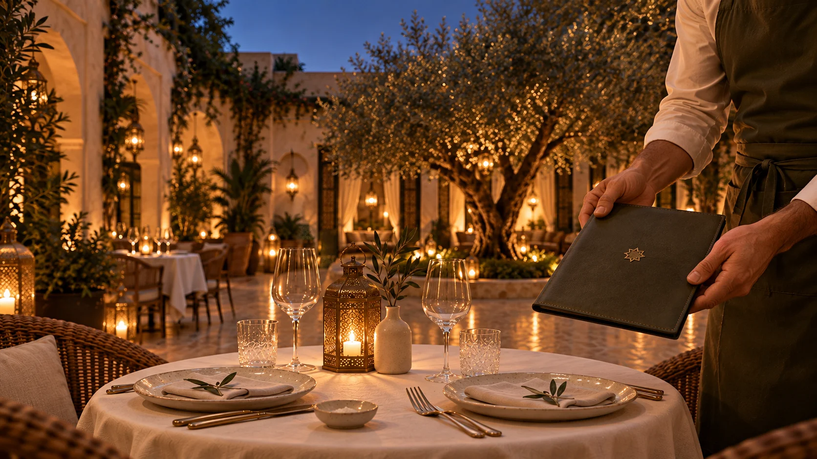 Un serveur présente la carte dans le patio éclairé de lanternes