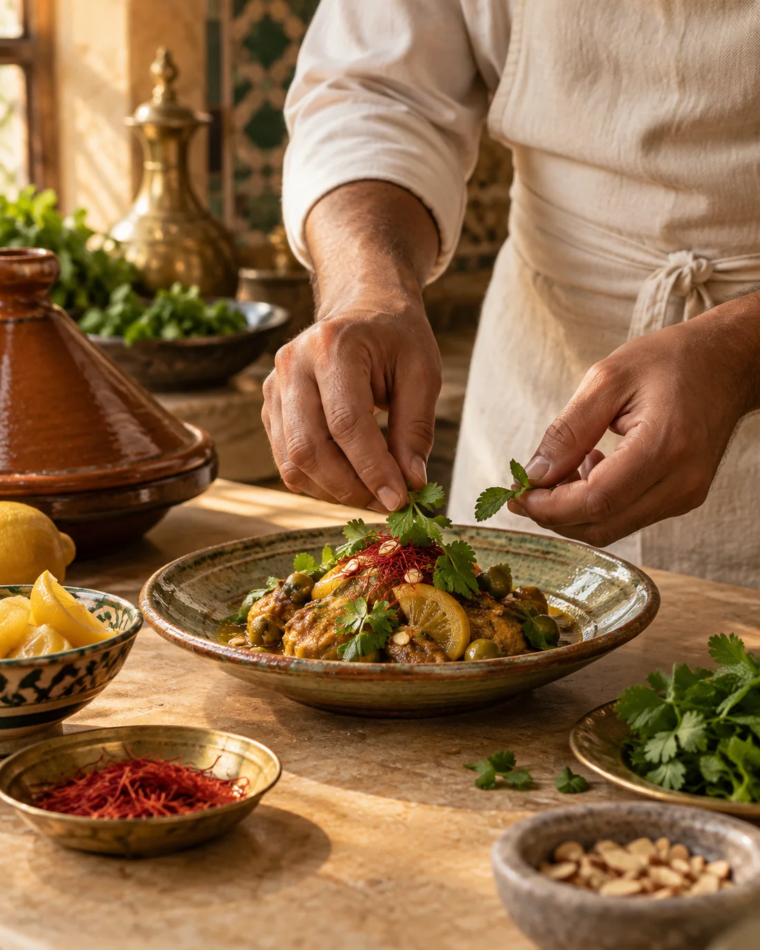 Les gestes du cuisinier, herbes fraîches et céramique artisanale