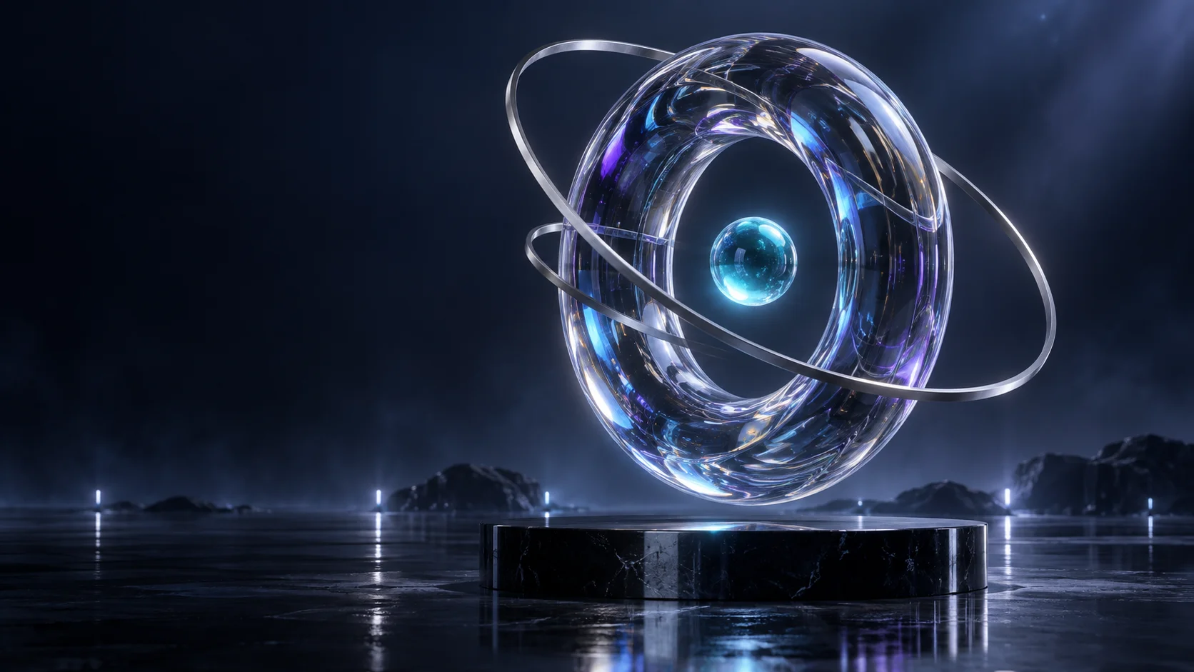 Un prisme circulaire en verre, entouré d’anneaux lumineux dans un studio bleu nuit