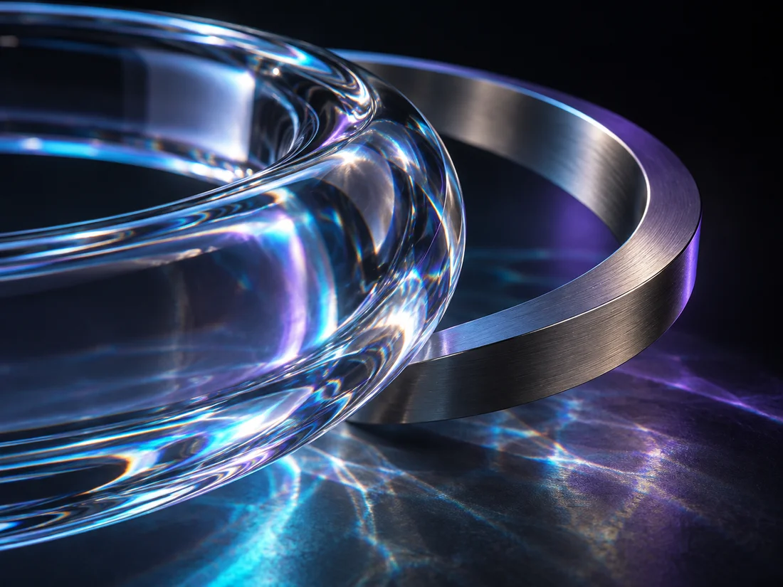 Détail de verre optique et d’un anneau métallique sous une lumière cyan