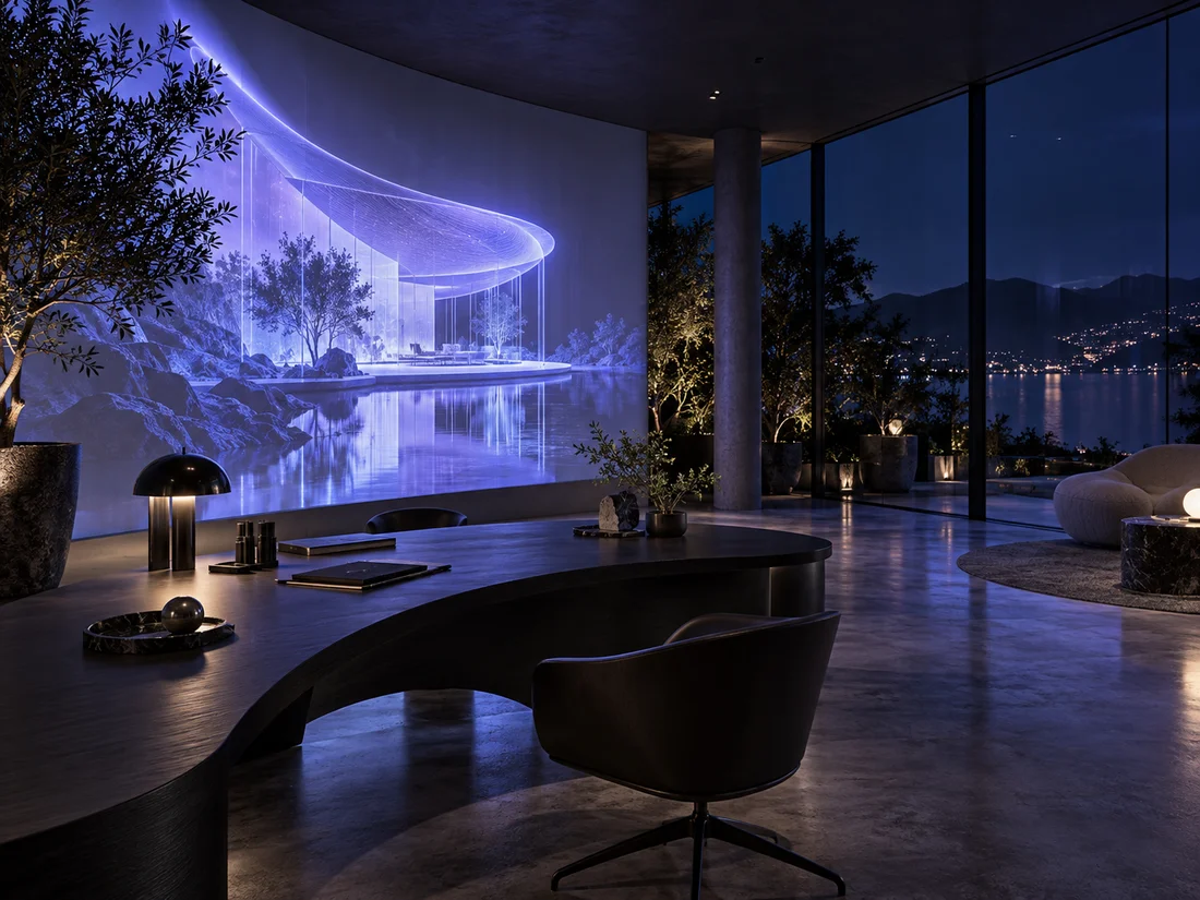 Concept d’un studio immersif éclairé en bleu et violet