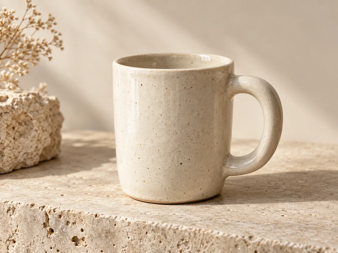 Tasse ivoire avec anse ronde et fines mouchetures