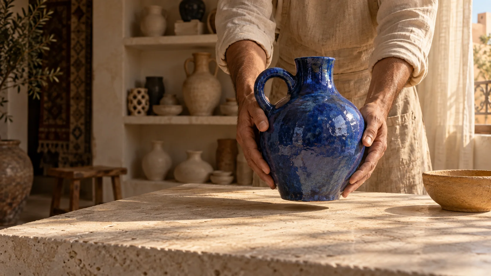 Des mains déposent un vase bleu cobalt sur une table de pierre