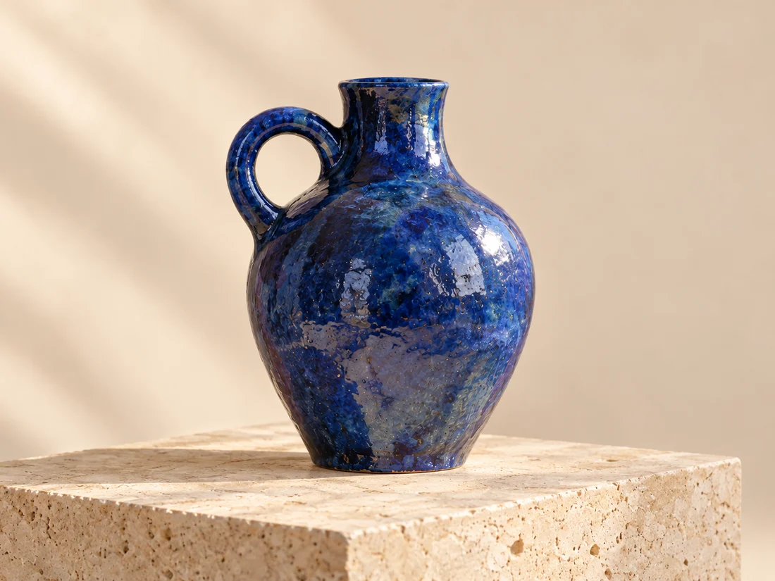 Vase bleu cobalt au corps arrondi et à l’anse sculpturale
