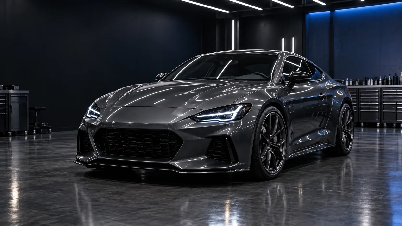 Coupé graphite dévoilé sous les lumières d’inspection du studio